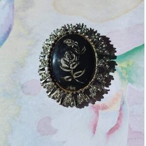Antique Rose Brooch Black Silver Hand Painted Artisan Pin Large Victorian Style